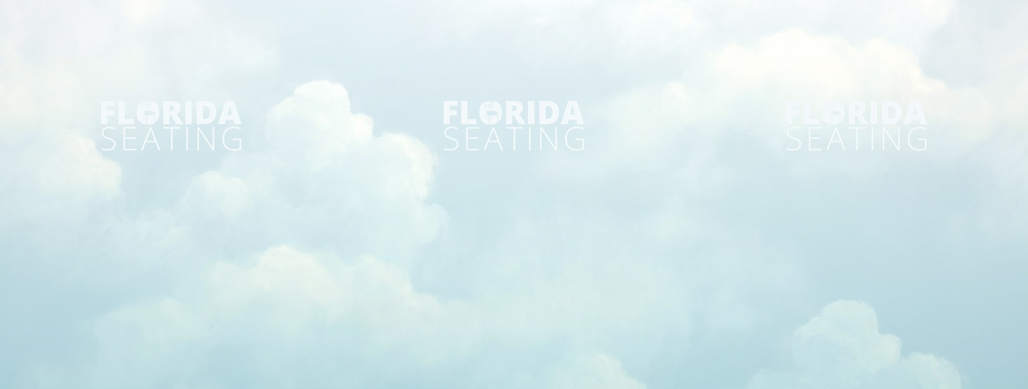 Design F2: painted cumulus clouds on powder blue with three near-white logos